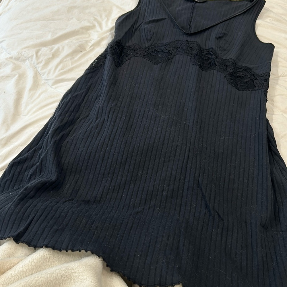 Hanro‎ Black Ribbed Midi Dress W/ Lace Detailing Size Small